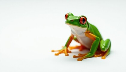Naklejka premium Green tree frog perched on white, vibrant skin, macro photography, white