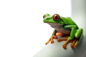 Obraz premium Green tree frog perched on white, vibrant details, isolated, rainforest, zoology