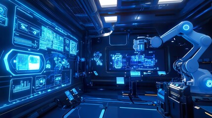 Obraz premium Futuristic control room showcasing advanced robotics and data visualization