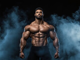 Muscular bodybuilder posing strongly in dark environment with smoke fitness photography dramatic lighting