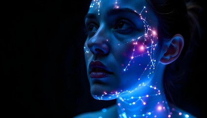 A close-up portrait of a futuristic woman's face and upper body. The woman appears to be in a state of deep thought or contemplation, with her eyes looking off into the distance. 