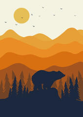 View on morning mountains with sunrise poster. Grizzly bear on the cliff illustration. Swiss pine tree forest