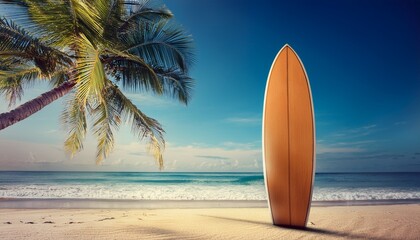 surfboard and palm tree on beach background