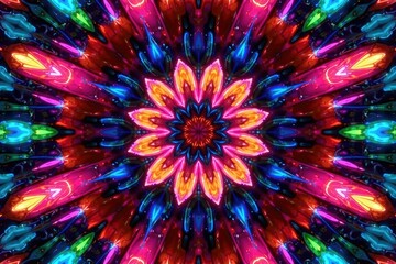 Obraz premium Kaleidoscopic symmetry, radiating lines, bold colors, wheel, optical