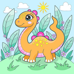 Funny cartoon orange dinosaur with a long tail. Flat design. For children's design of prints, posters, cards, stickers, etc. Vector illustration