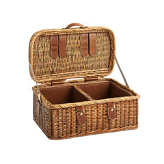 Open wicker picnic basket with leather straps and interior compartments