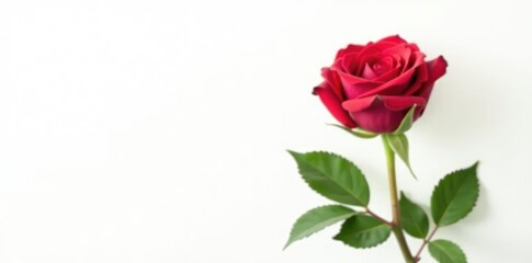 Fototapeta premium Single rose bloom isolated on a pure white surface, green, floral, garden