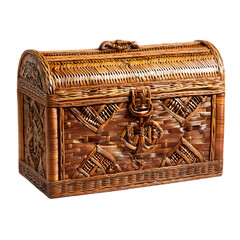 A detailed close up of a woven brown wicker chest with a metal clasp lock