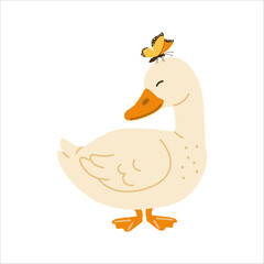 Flat style illustration of a beige duck with orange beak and a butterfly on its head, perfect for farm-themed projects, children’s books, spring designs, and peaceful animal scenes