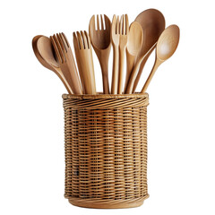 Wooden utensils in a woven basket against a black background studio shot