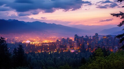 Obraz premium The vibrant city lights illuminate the skyline at twilight evening