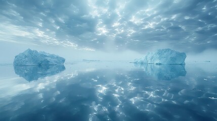 Arctic icebergs reflecting in calm waters, dramatic sky