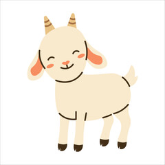 Flat style illustration of a smiling baby goat with small horns and light fur, perfect for farm-themed projects, children’s books, animal collections, and educational materials