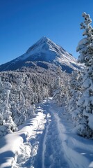 Obraz premium Snowy mountain trail leading to a peak, winter wonderland