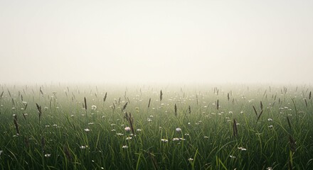 Fototapeta premium Serene Misty Meadow Landscape Grass Wildflowers and Fog at Sunrise