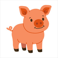 Flat style illustration of a smiling pink piglet with curly tail and dark hooves, perfect for farm-themed content, children’s books, educational projects, and cute animal collections