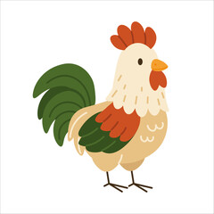 Flat style illustration of a colorful rooster with red comb and green tail feathers, perfect for farm-themed designs, children’s books, and agricultural or countryside projects