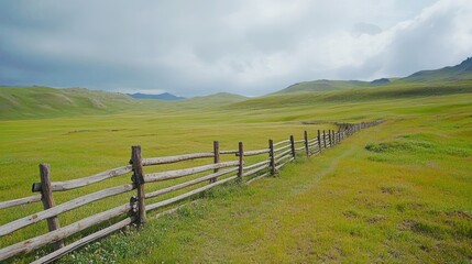 Scenic view of a rustic wooden fence stretching across the rolling hills landscape