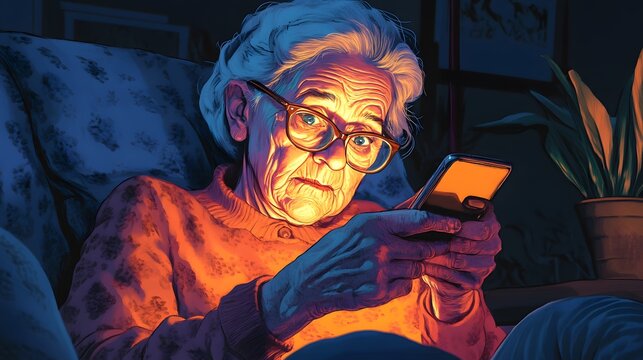 58. A senior woman with glasses, sitting on a couch at home, squinting and trying to read a text message on her phone with difficulty