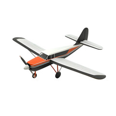 Close up of a small model airplane with orange and black accents on black