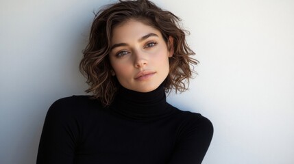 Young Woman With Short Curly Hair Wearing Black Turtleneck