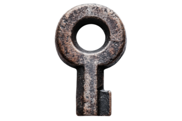 Rustic metal key with circular head on black background, cut out