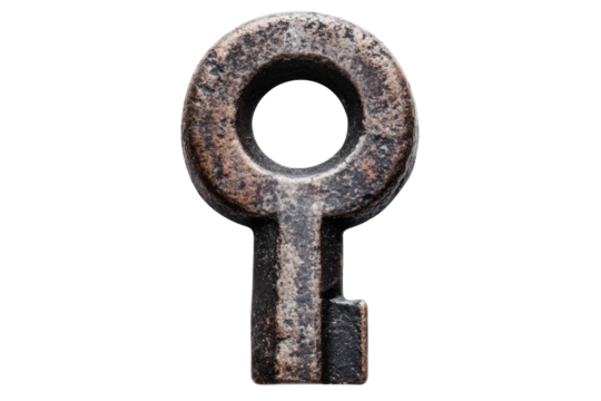 Rustic metal key with circular head on black background, cut out