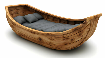 Wooden Boat Bed with Gray Bedding in a White Isolated Background for Home Furniture Design and Cozy Interior Decor