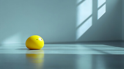 Yellow Blob Character with Minimalist Design Standing on Reflective Floor Under Window Light in Empty Room