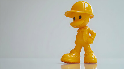 Yellow Duck Construction Worker Toy Figure Wearing a Hard Hat Isolated Against a White Background With Reflections