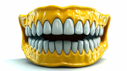 Yellow Dentures with White Teeth on White Background Medical Dental Concept