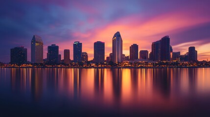 City Skyline Reflected In Water At A Beautiful Sunrise