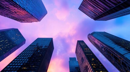 Highrise A collection of sleek high rise structures defining a city skyline at twilight.