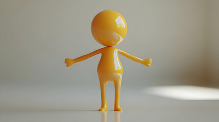 Yellow Plastic Figure Toy Standing on White Surface in Studio Lighting A Minimalist Geometric Character with Bright Shiny Surface