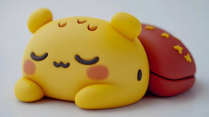 Yellow Plush Toy Animal Sleeping Next to Red Pillow with Gold Stars Childlike and Adorable Soft Decoration in a Bright Studio Shot Setting