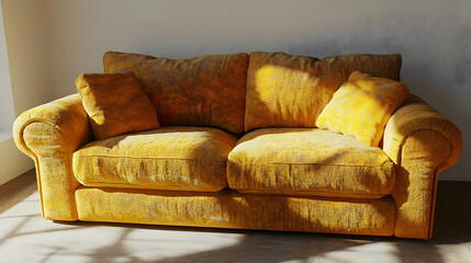 Yellow Sofa with Pillows in Bright Sunlight in a Room with Light and Shadow Patterns on the Floor Surface with AI Visual Defect