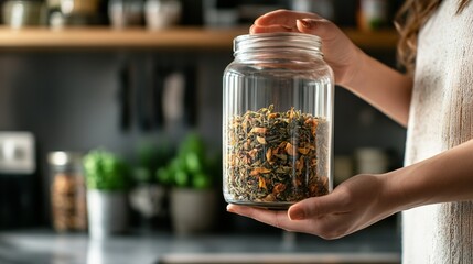 Hands holding jar of loose leaf herbal tea in a rustic kitchen setting