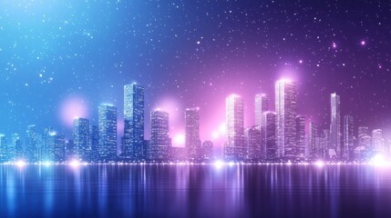 Naklejka premium Illuminated City skyline at night with skyscrapers glowing in bright lights.