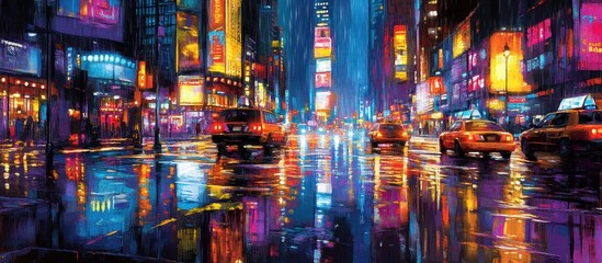 Rainy city street at night with bright reflective lights and vehicles