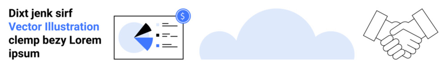 Handshake icon beside a cloud shape and a data dashboard with charts and text elements. Ideal for technology, business partnership, collaboration, cloud computing, communication, analytics