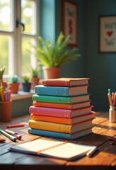 vibrant stack colorful textbooks wooden desk stationery educational surrounding, study, workspace, documents, notes, notebook, reading, library, paper