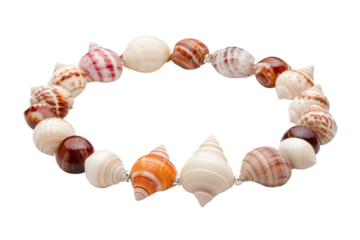 Colorful seashell necklace with spiral designs on black background, cut out