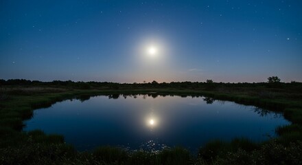 Serene Night Landscape Moonlit Pond Starry Sky Tranquil Nature Scene