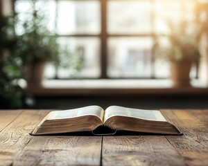 Open old book with yellowed pages on a polished wooden table, sunlit room, nostalgic vibe