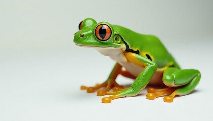 Naklejka premium Green tree frog perched on white, vibrant skin, eyes, reptile