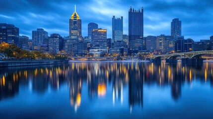 Fototapeta premium Illuminated urban cityscape reflecting on tranquil water at dusk