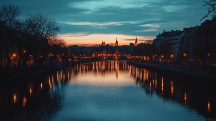 Fototapeta premium Beautiful city at dusk is reflecting lights on the water