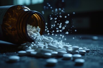 A closeup photo capturing pills pouring out of an overturned medicine bottle onto a surface Pharmaceutical industrys role in the opioid crisis .