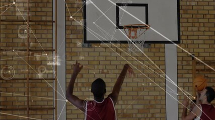 Shooting hoops, basketball players with data processing animation overlay in gym - Powered by Adobe