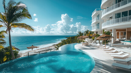 Obraz premium Modern white beachfront hotel with infinity pool and palm trees by turquoise sea, representing luxury seaside getaway, exclusive tropical vacation, and serene leisure. Banner with copy space